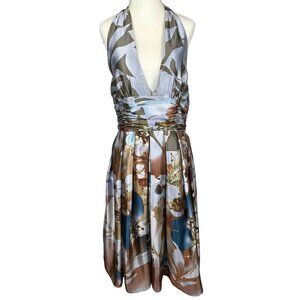 Adrianna Papell Occasions Blue Floral Silk Halter Dress Sz. 12